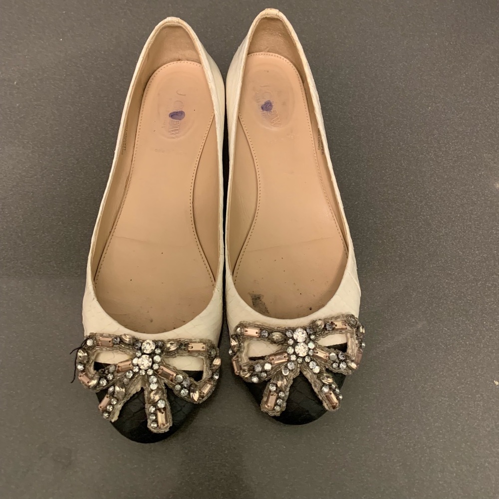 J Crew Snakeskin Box Flats White Black 8